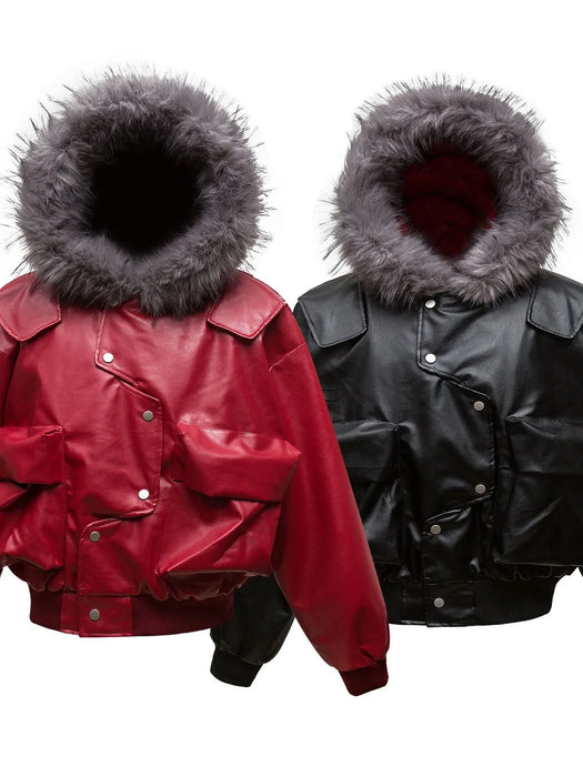 Men's Leather Bomber Jacket with Faux Fur Hood - Byyde