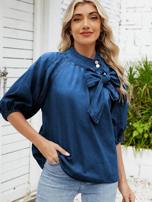 Denim Bow Tie Puff Sleeve Top - Byyde