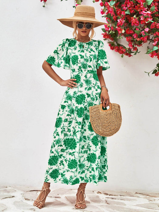 Floral Round Neck Tied Open Back Dress - Byyde