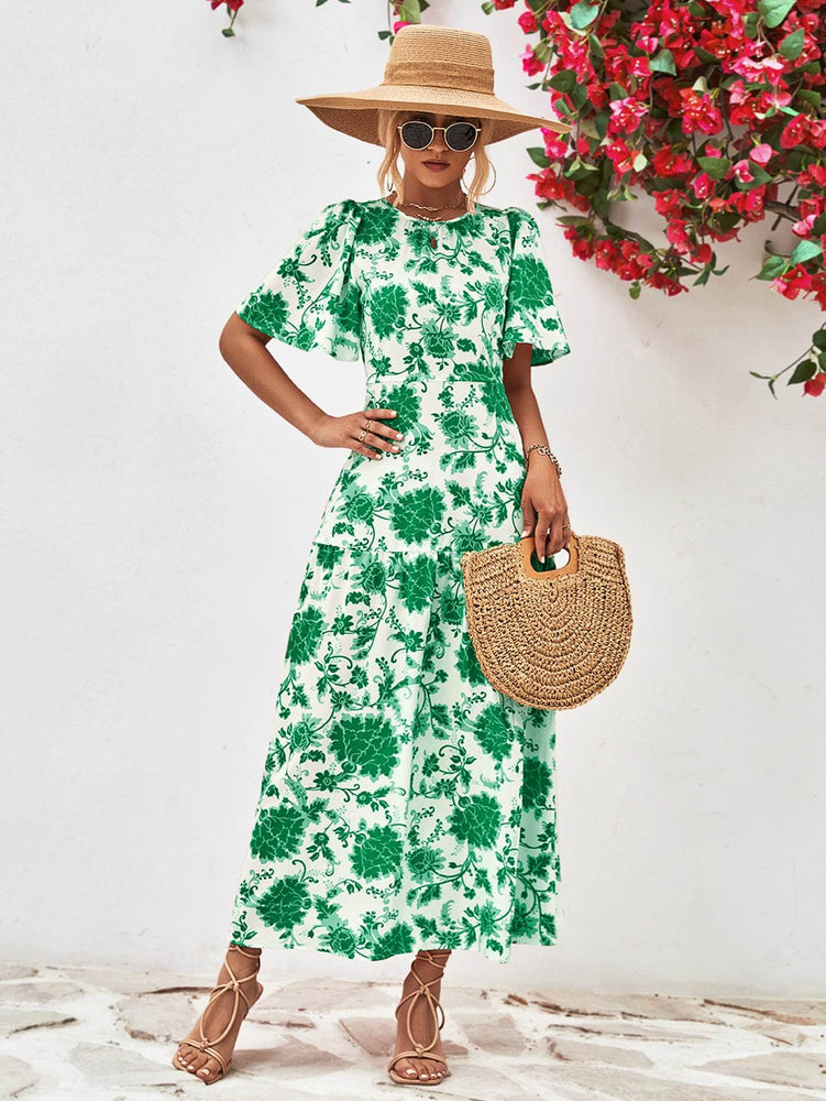 Floral Round Neck Tied Open Back Dress - Byyde
