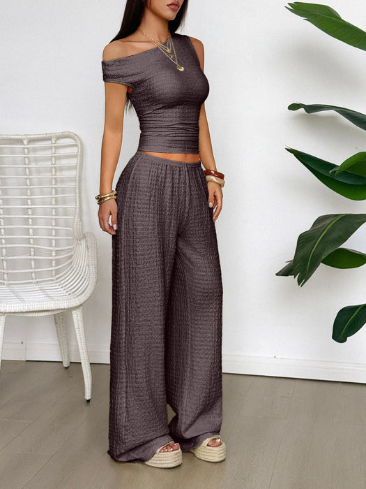 One Shoulder Top and Wide Leg Pants Set - Byyde