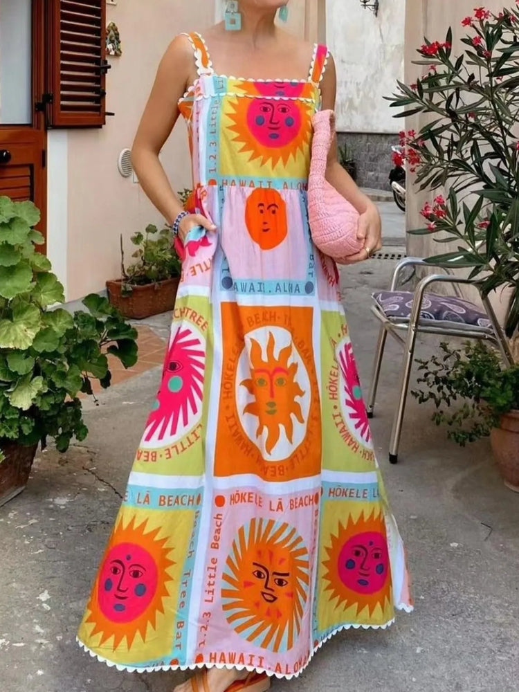 Sun Print Square Neck Maxi Dress - Byyde