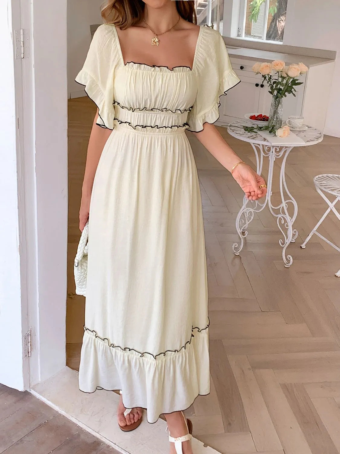 Square Neck Puff Sleeve Ruffle Trim Maxi Dress - Byyde