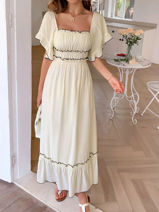 Square Neck Puff Sleeve Ruffle Trim Maxi Dress - Byyde