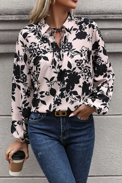 Perfee Printed Tie Neck Balloon Sleeve Blouse - Byyde