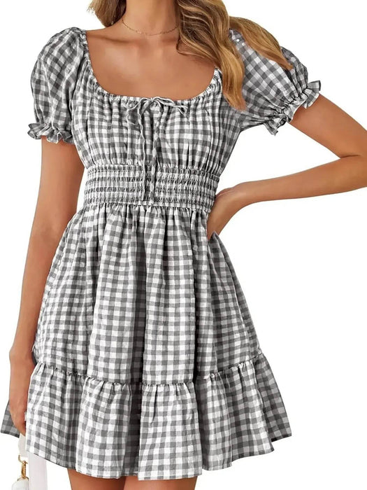 Gingham Smocked Puff Sleeve Summer Dress - Byyde