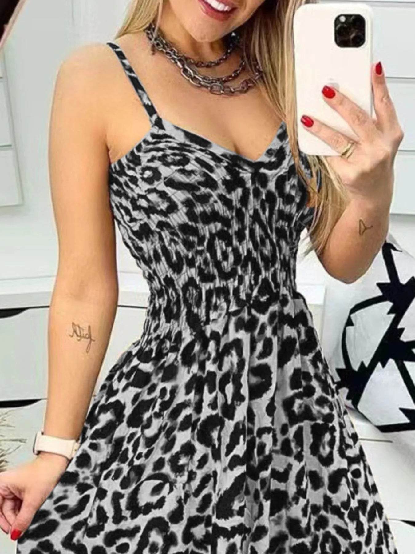 Full Size Leopard Print Spaghetti Strap Maxi Dress Plus Size - Byyde