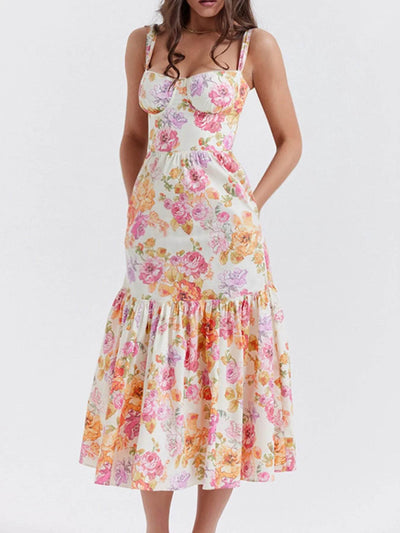 Floral Print Sweetheart Neck Midi Dress - Byyde