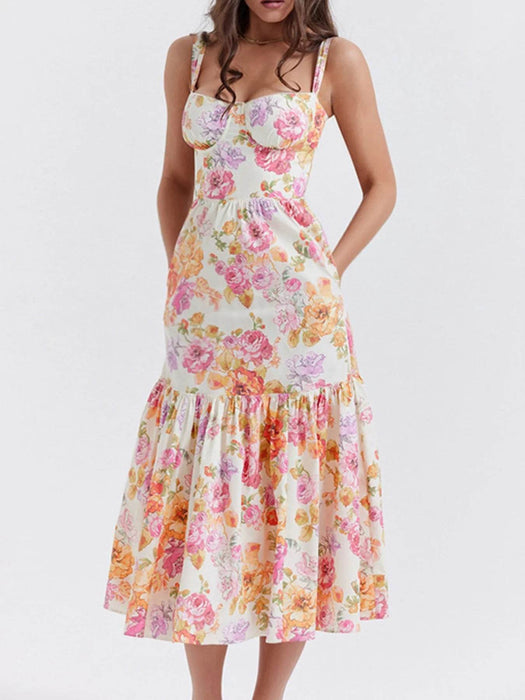 Floral Print Sweetheart Neck Midi Dress - Byyde