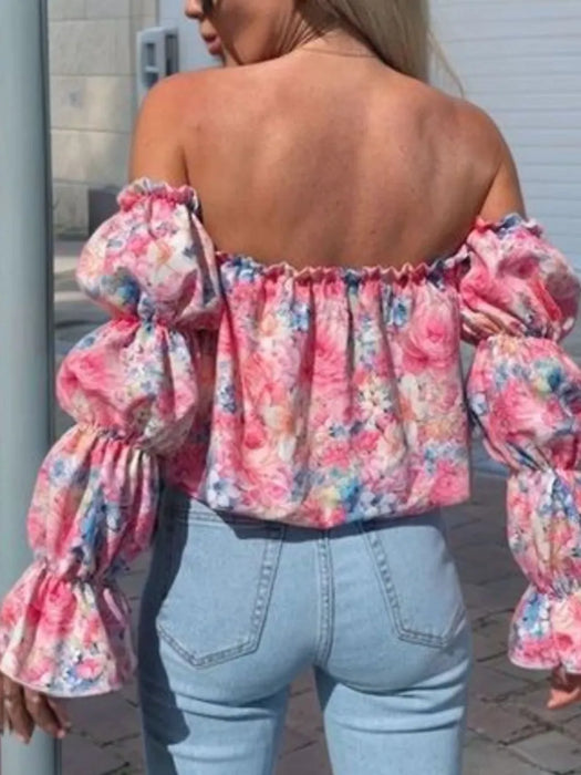 Printed Off-Shoulder Flounce Sleeve Blouse - Byyde