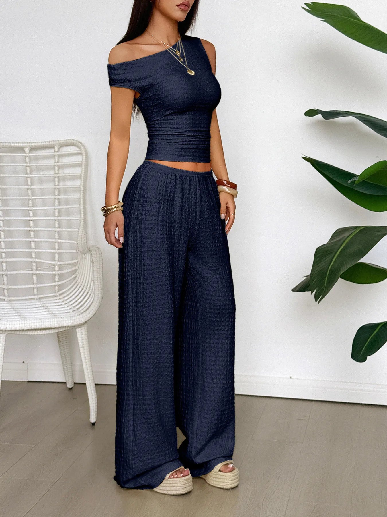 One Shoulder Top and Wide Leg Pants Set - Byyde