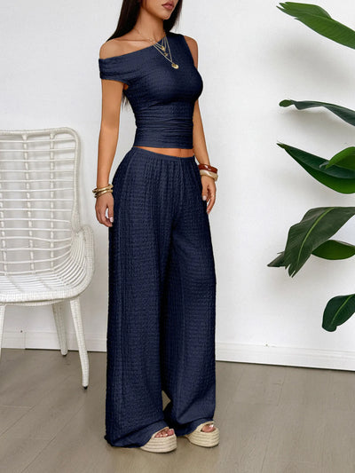 One Shoulder Top and Wide Leg Pants Set - Byyde