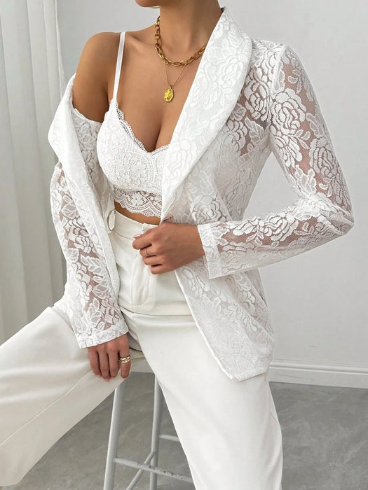 Lace Lapel Collar Long Sleeve Blazer - Byyde