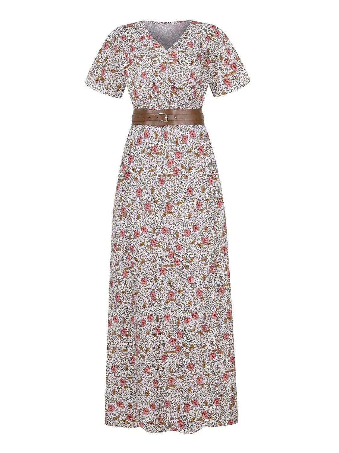 Full Size Printed V-Neck Short Sleeve Maxi Dress Plus Size - Byyde