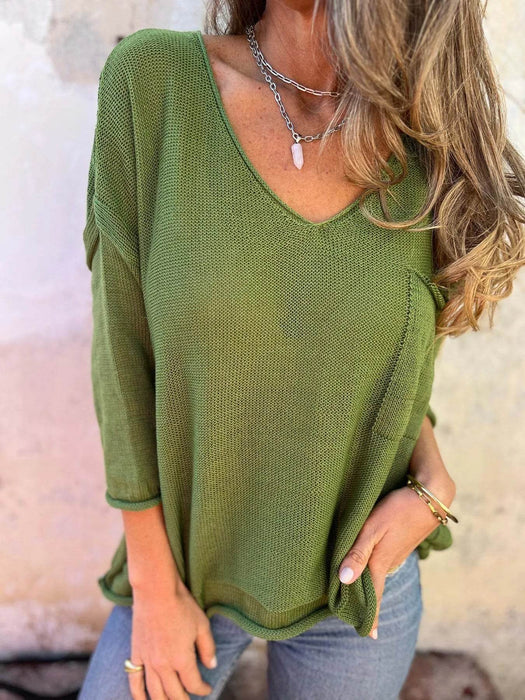 Full Size Casual V-Neck Knit Sweater Plus Size - Byyde