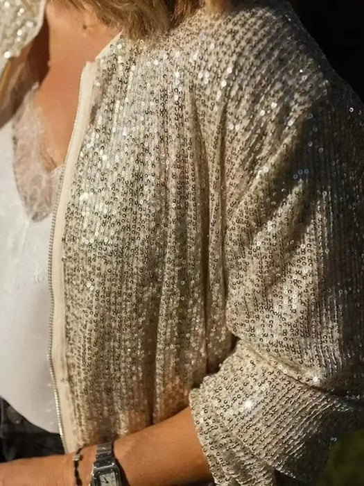 Sequin Zip Up Long Sleeve Jacket - Byyde