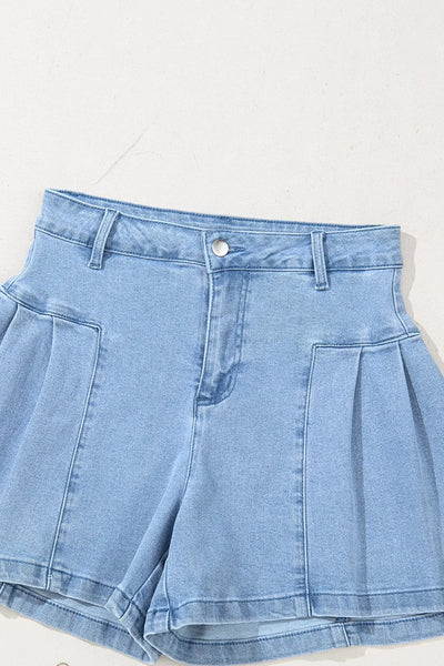 Pleated Patchwork Panel Lightweight Denim Shorts - Byyde