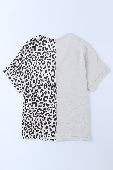 Leopard Color Block V-Neck Blouse - Byyde