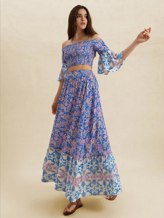 Smocked Off-Shoulder Printed Top and Skirt Set - Byyde