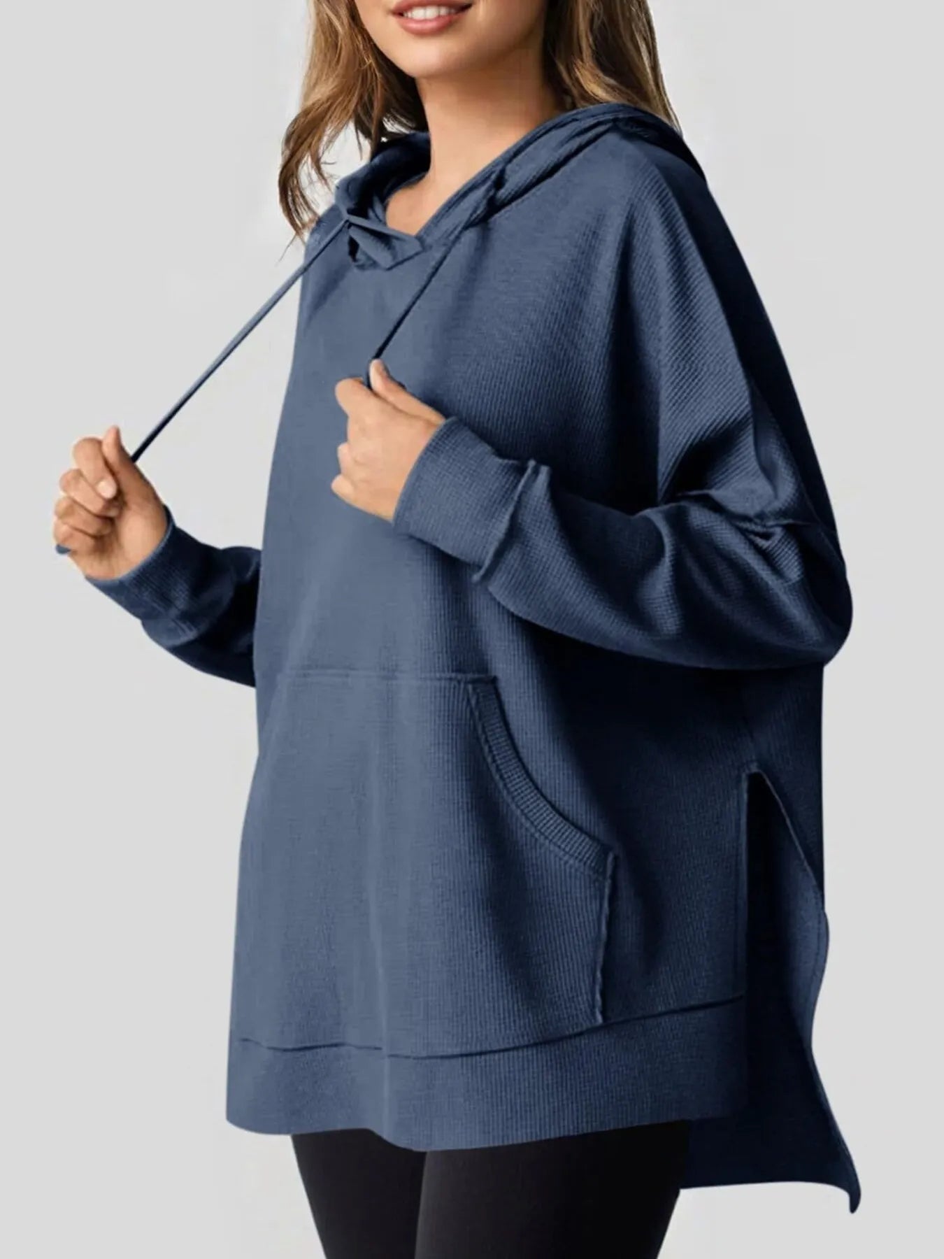 Slit Drawstring Waffle Knit Hoodie - Byyde