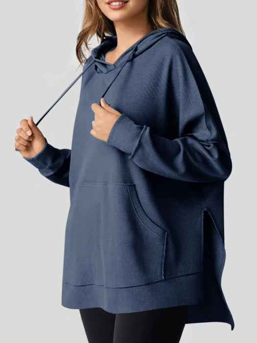Slit Drawstring Waffle Knit Hoodie - Byyde