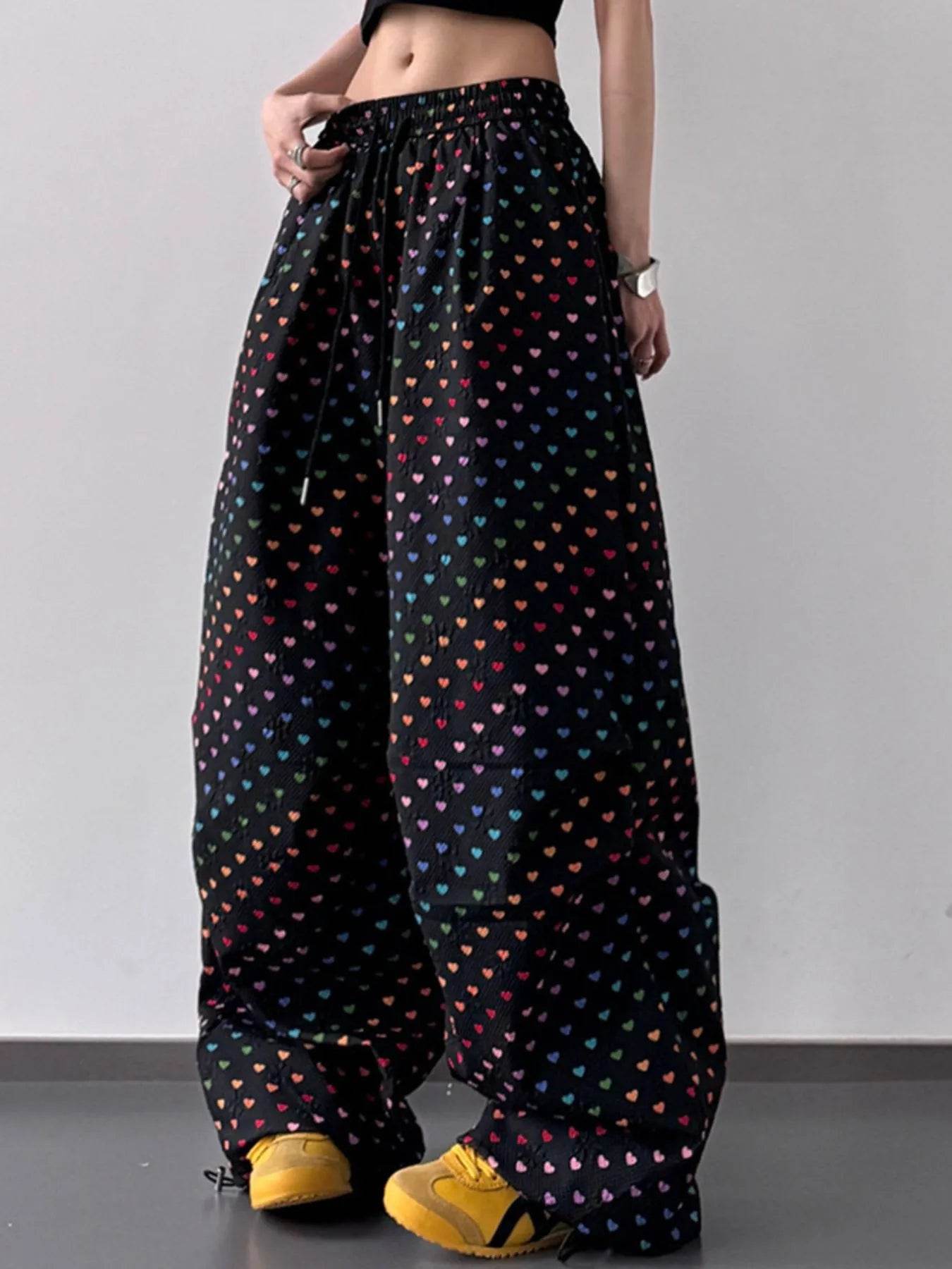 Heart Print Drawstring Wide Leg Pants - Byyde
