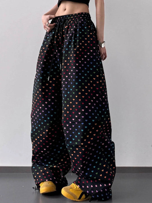 Heart Print Drawstring Wide Leg Pants - Byyde