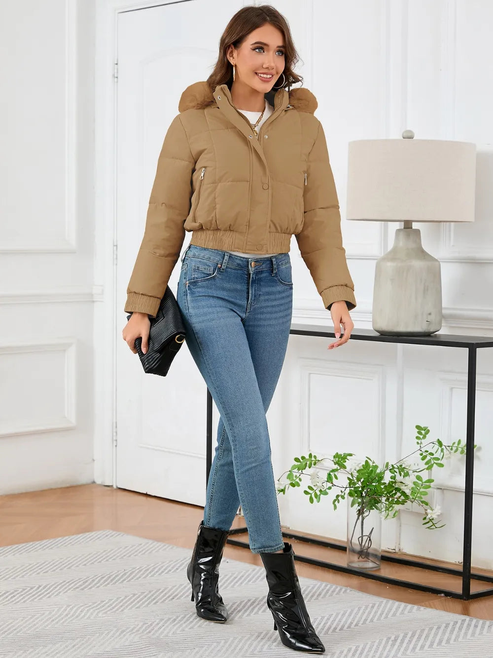 Pocketed Long Sleeve Cropped Hooded Winter Coat - Byyde