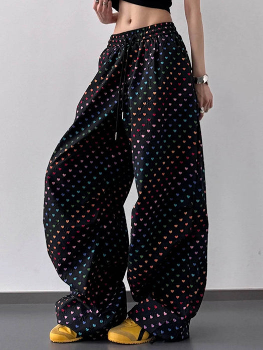 Heart Print Drawstring Wide Leg Pants - Byyde