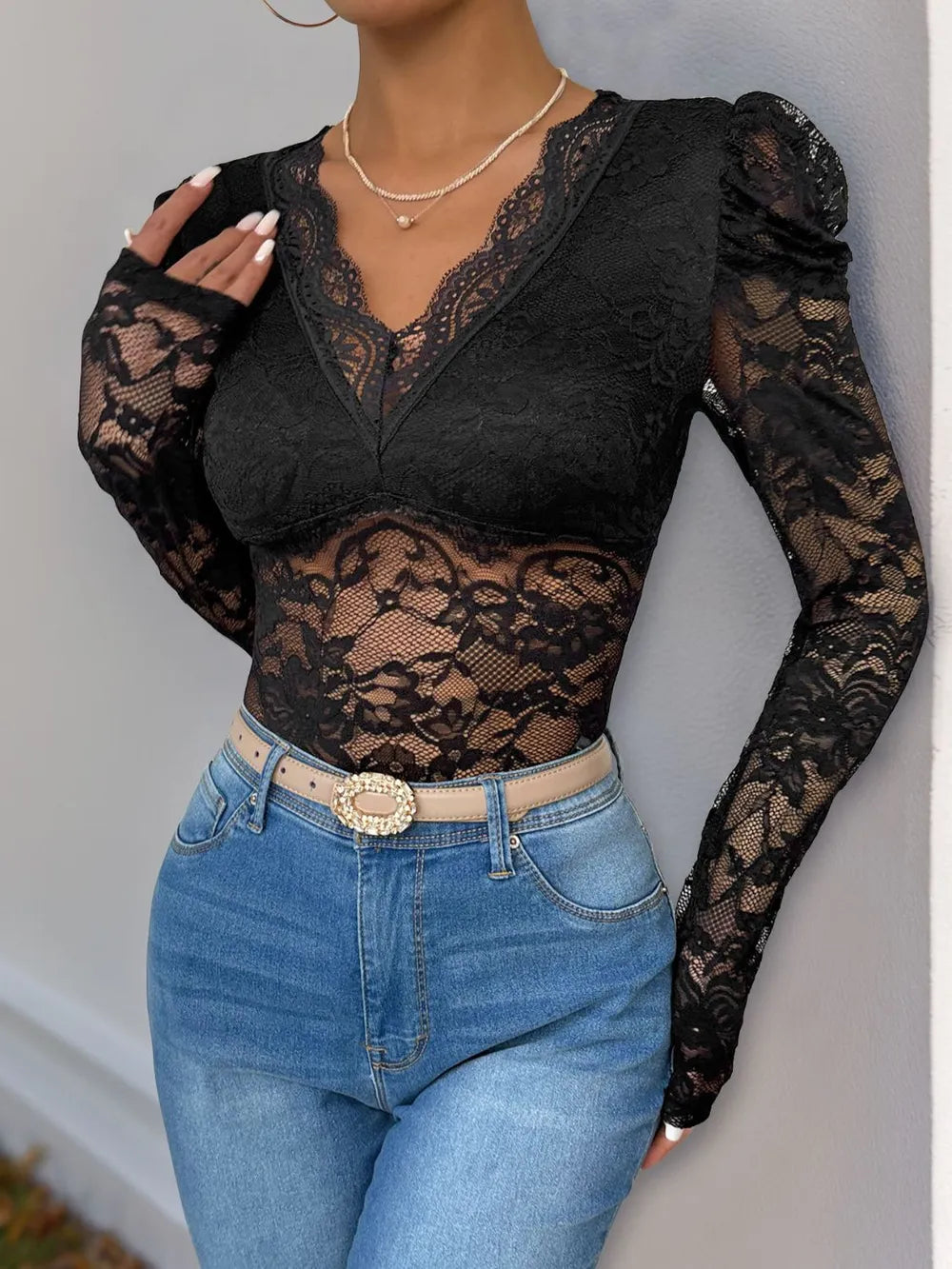 Perfee Lace V-Neck Long Sleeve Bodysuit - Byyde
