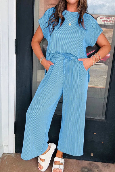 Ribbed Knit Round Neck Top and Pants Casual Set - Byyde