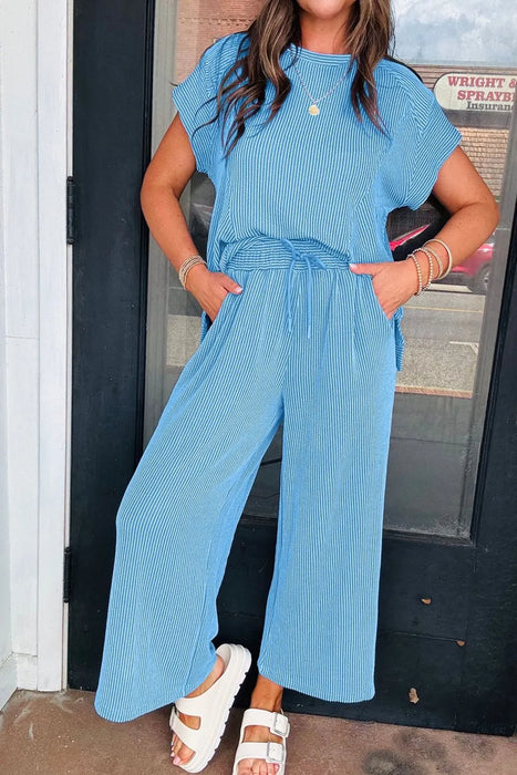 Ribbed Knit Round Neck Top and Pants Casual Set - Byyde