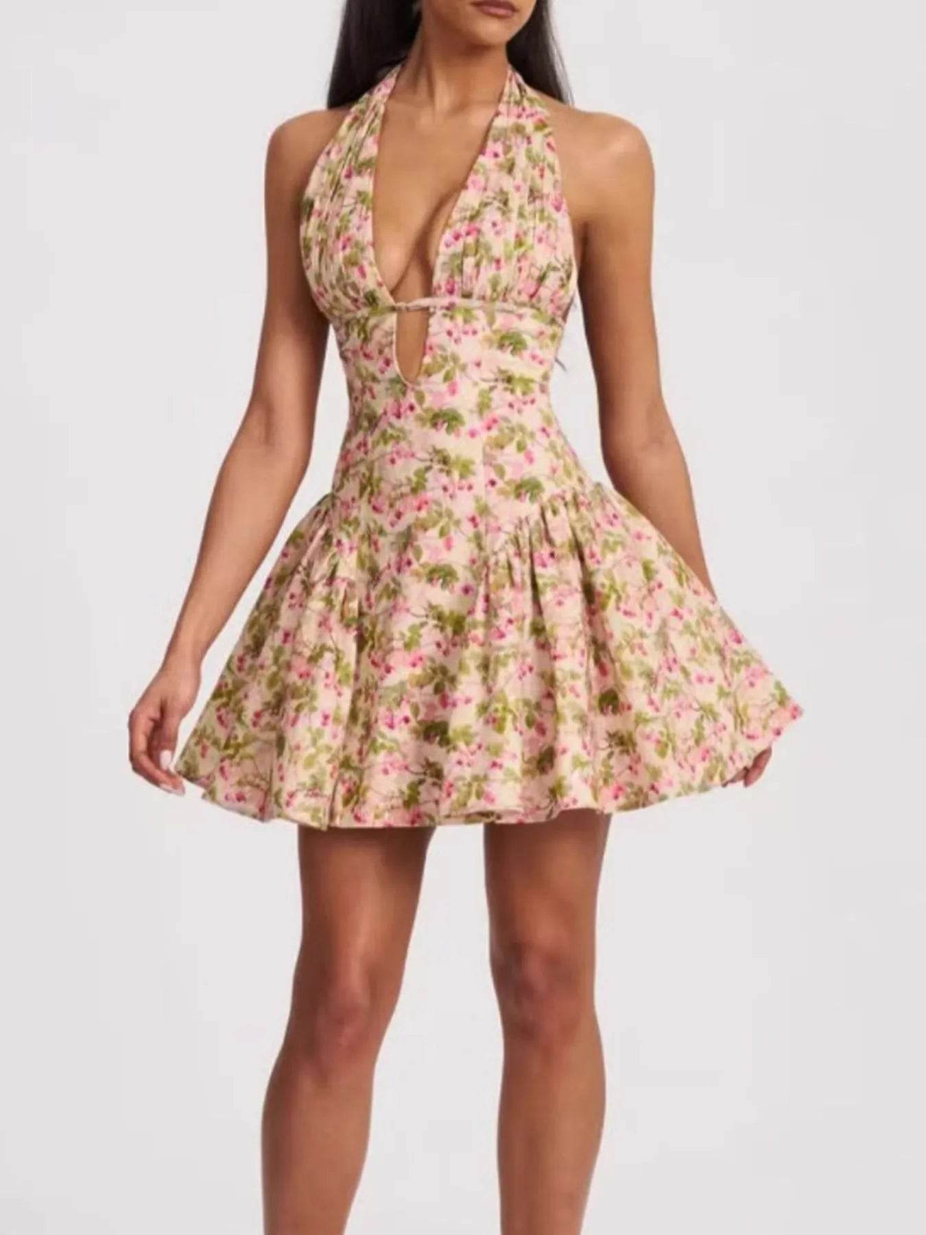 Floral Halter Neck Mini Dress - Byyde