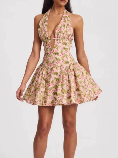 Floral Halter Neck Mini Dress - Byyde