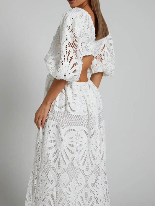 Cutout Back Lace Crochet V-Neck Dress - Byyde