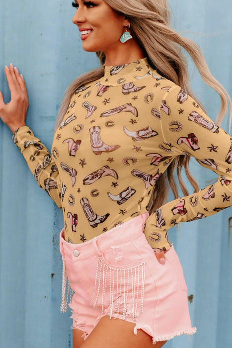 Printed Mock Neck Long Sleeve Bodysuit - Byyde