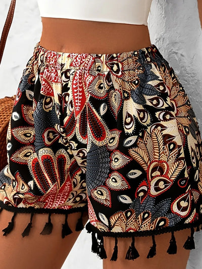 Paisley Print Tassel Hem Shorts - Byyde