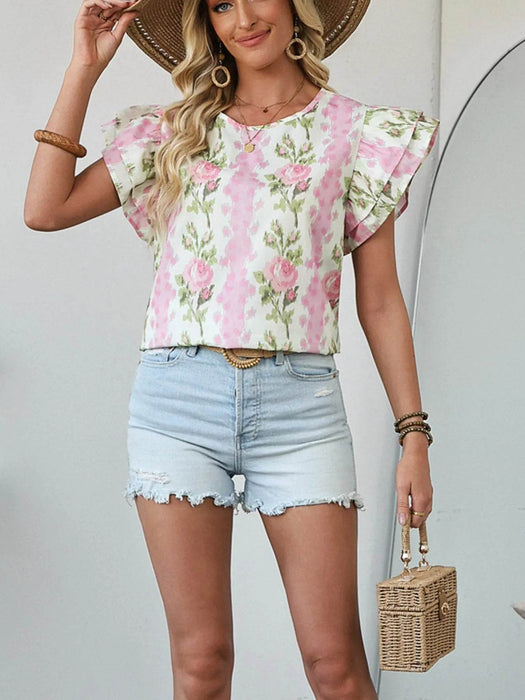 Floral Print Ruffled Sleeve Blouse - Byyde