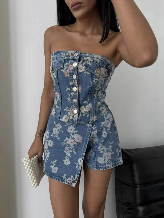 Floral Print Strapless Top and Skort Denim Set - Byyde