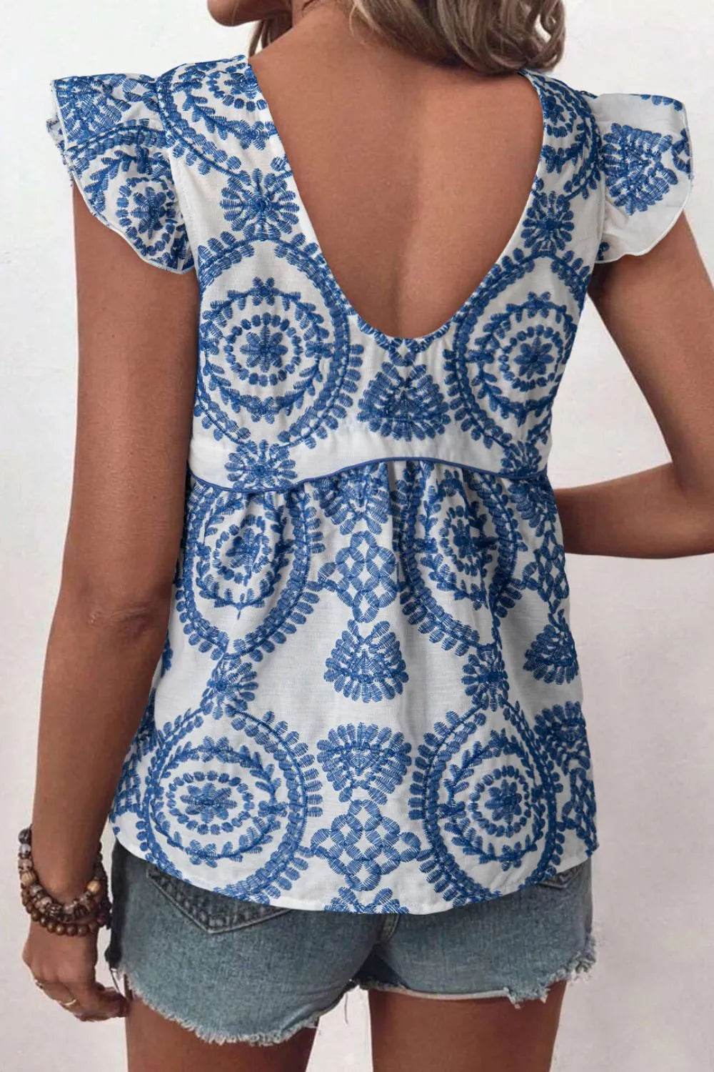 Boho Print Ruffled Cap Sleeve Crew Neck Blouse - Byyde