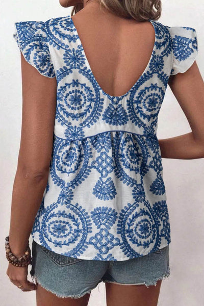 Boho Print Ruffled Cap Sleeve Crew Neck Blouse - Byyde