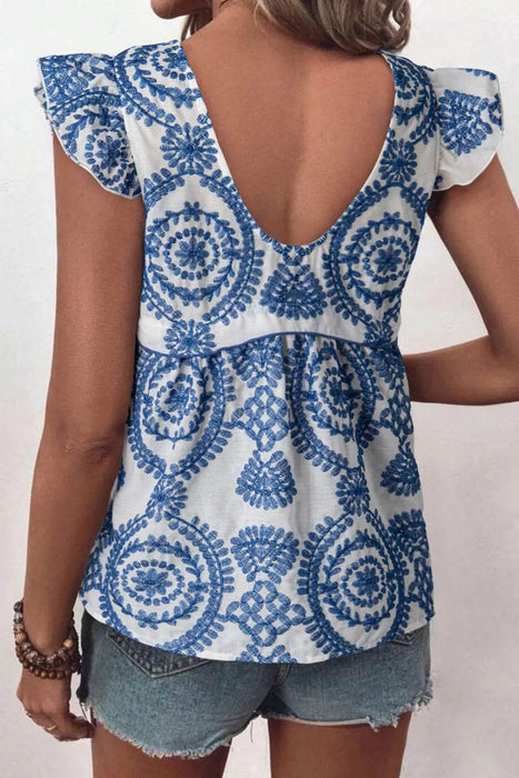 Boho Print Ruffled Cap Sleeve Crew Neck Blouse - Byyde