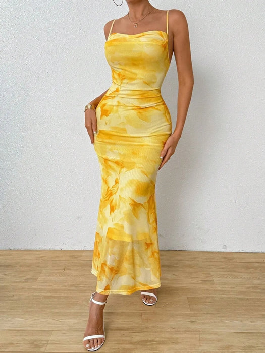 Tie-Dye Ruched Bodycon Mesh Cami Maxi Dress - Byyde