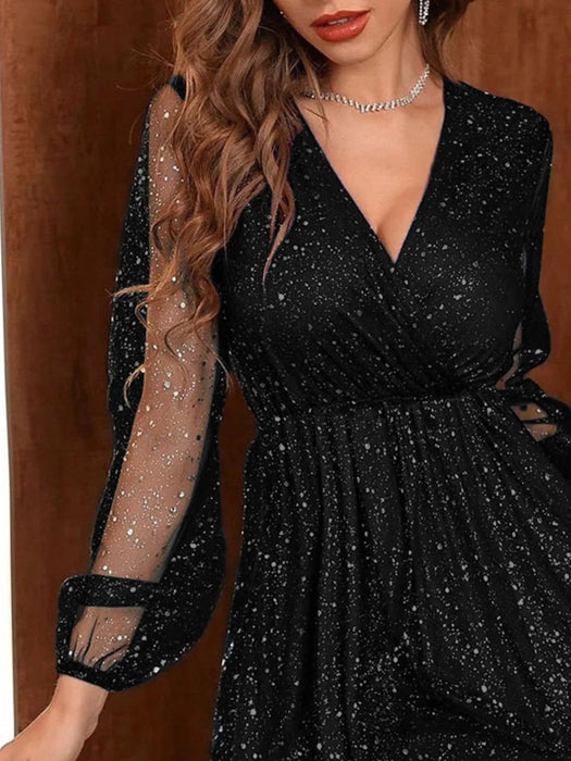 Sparkling Surplice Balloon Sleeve Mini Dress - Byyde