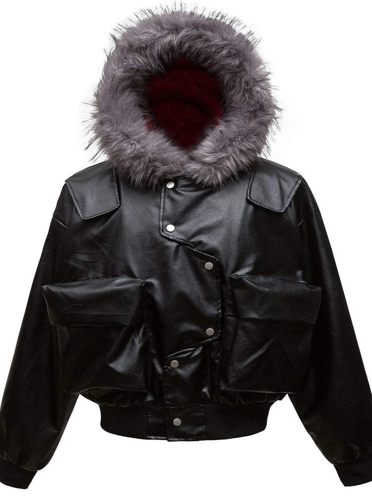 Men's Leather Bomber Jacket with Faux Fur Hood - Byyde