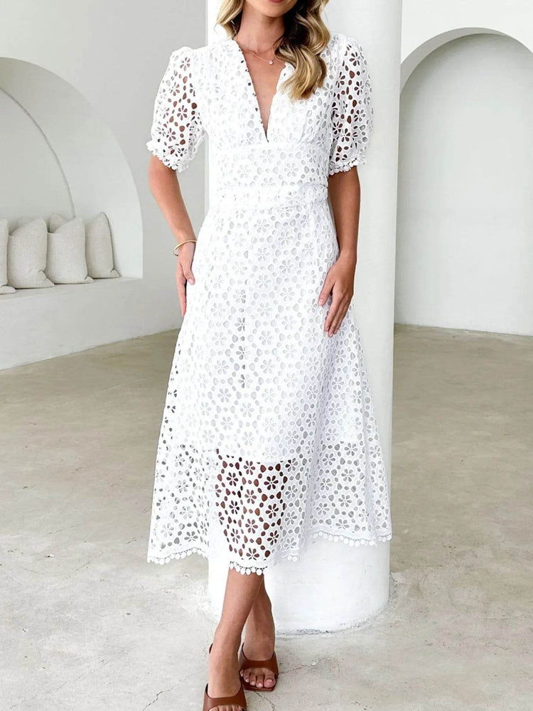 Eyelet Lace V-Neck Midi Dress with Puff Sleeves - Byyde