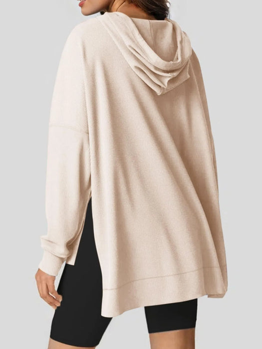 Slit Drawstring Waffle Knit Hoodie - Byyde
