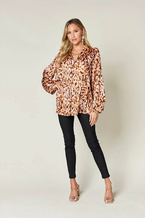 Double Take Full Size Printed Ruffle Trim Balloon Sleeve Shirt - Byyde
