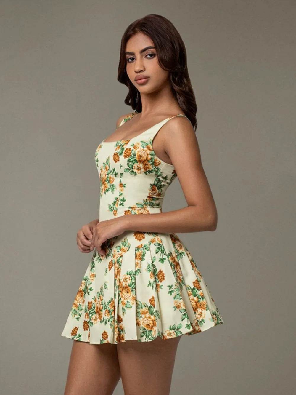 Floral Sleeveless Mini Pleated Dress - Byyde