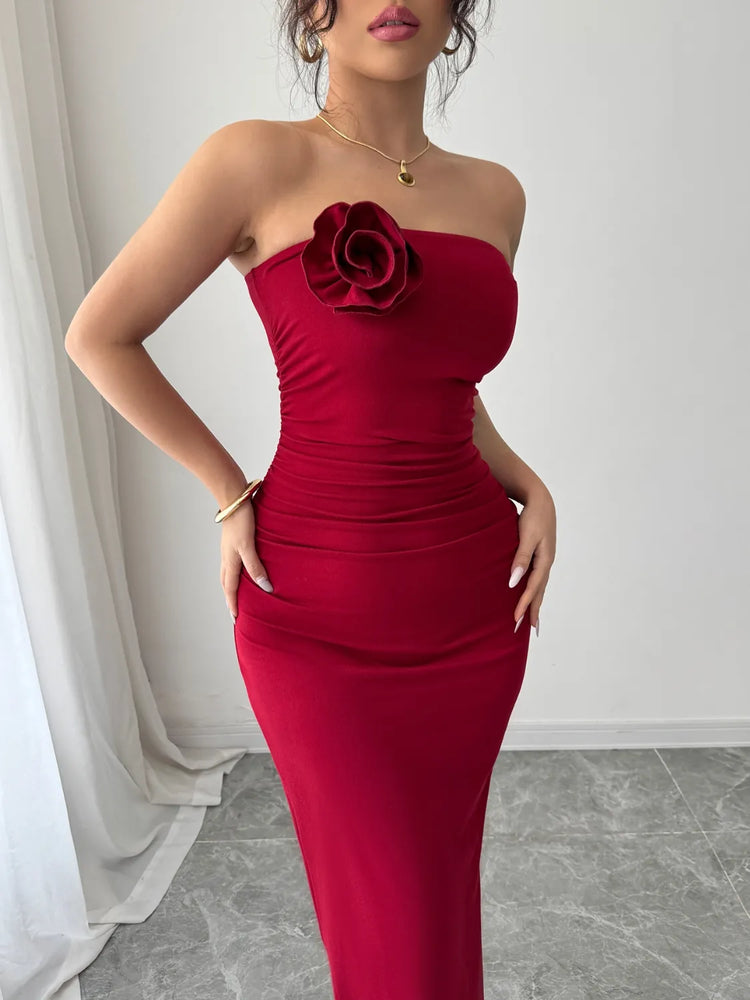 Slit Back Flower Tube Midi Dress - Byyde